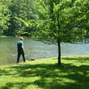 man walking dog by lake